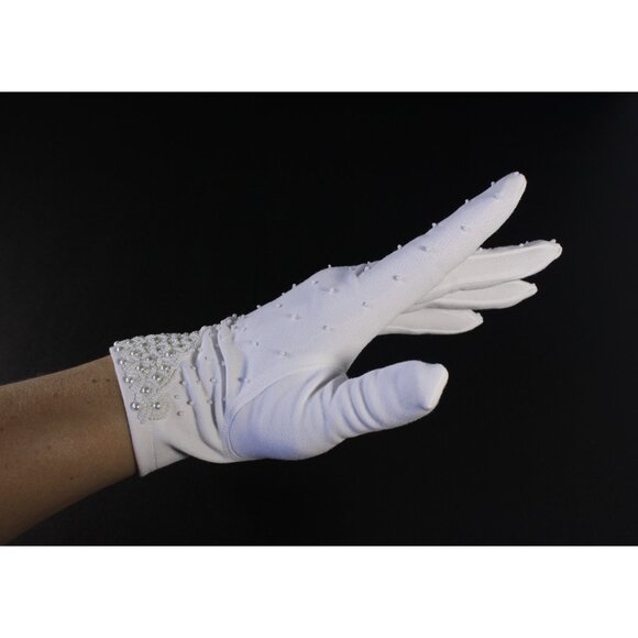 Vintage white beaded short gloves size 7, vintage wedding bridal gloves Nylon - Picture 4 of 9